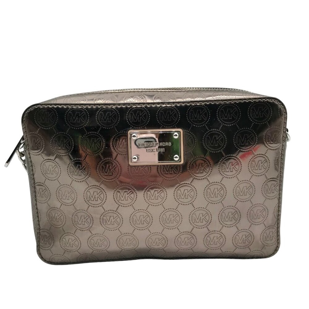 Michael Kors Metallic Gray Monogram Patent Leather Jet Set Crossbody